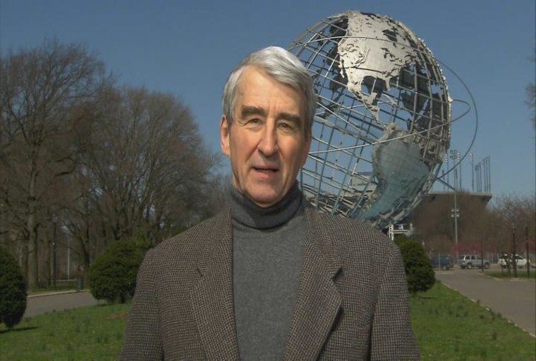 Sam Waterston, host of msnbc's "Future Earth: Our Addiction to Power" stands in front of the Unisphere in Queens, N.Y.